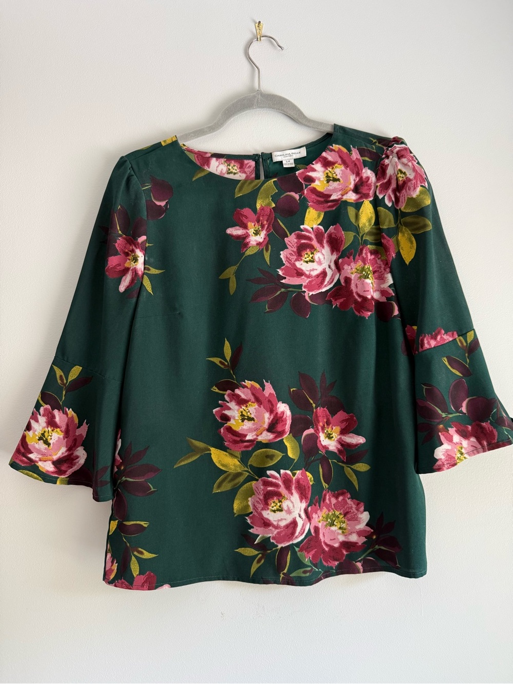 Carolina Belle Dark Green Floral Bell-Sleeve Blouse
